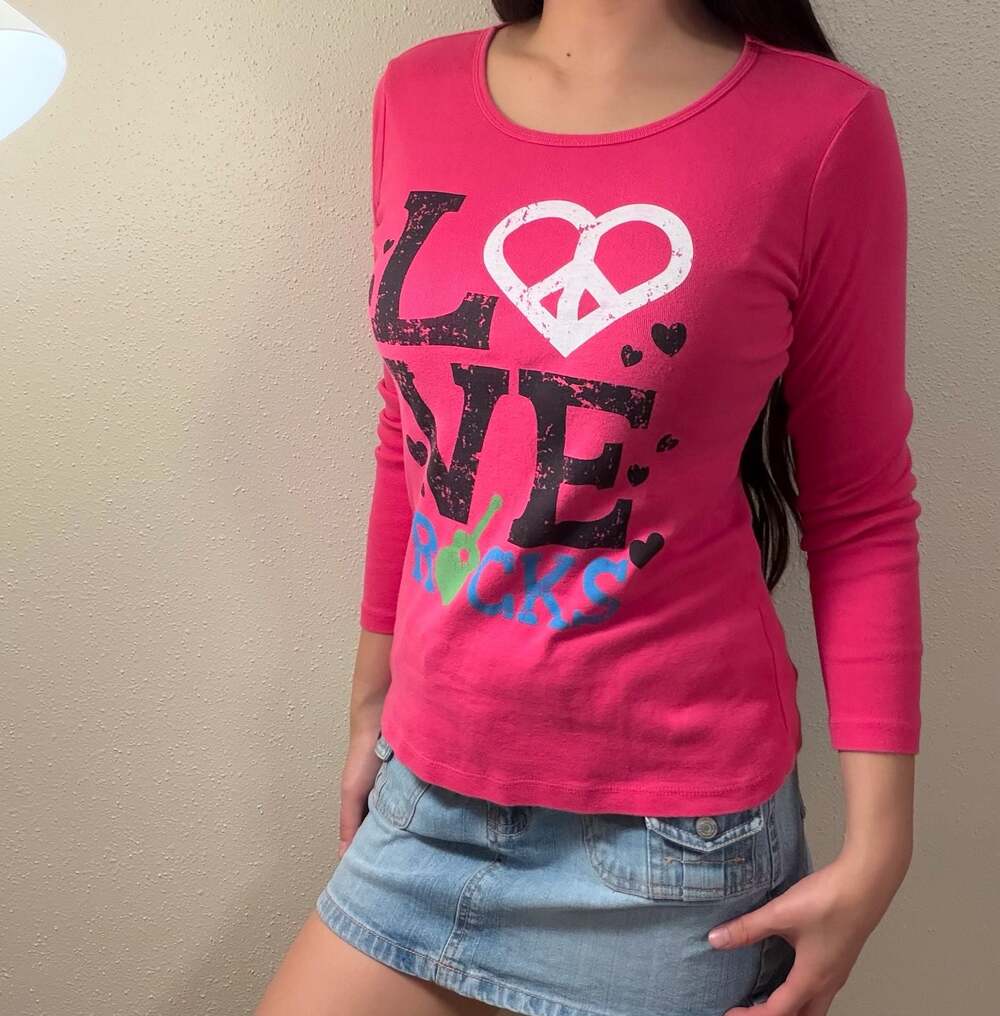 KnitWorks Girls Long Sleeve Graphic T-Shirt Pink Peace Love Rocks Design